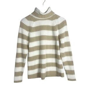 Vtg Eddie Bauer Ribbed Turtleneck Sweater Striped Cotton Blnd Beige White Tall M
